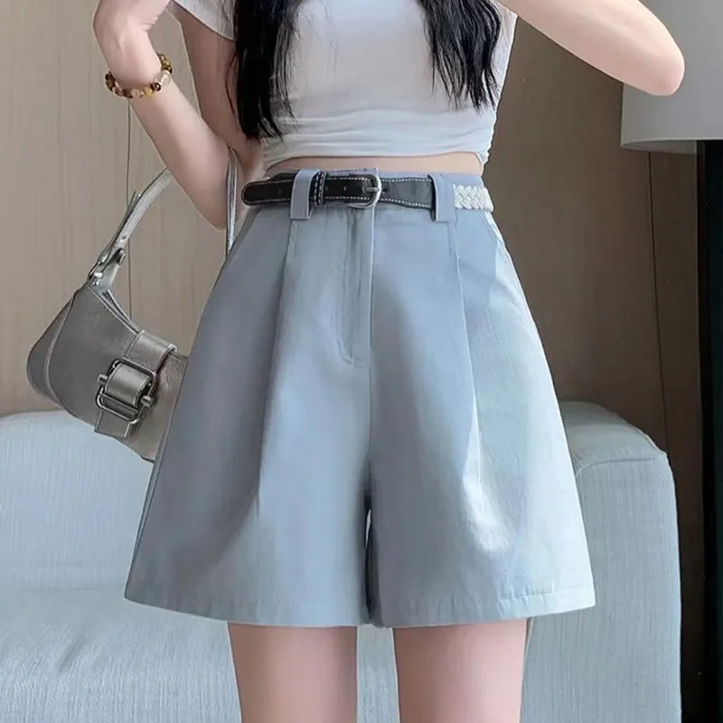 Women's Light Blue High-Waisted Pleated Suit Shorts