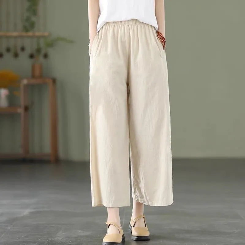 Cotton Linen Straight Leg Pants Women Summer Loose Versatile