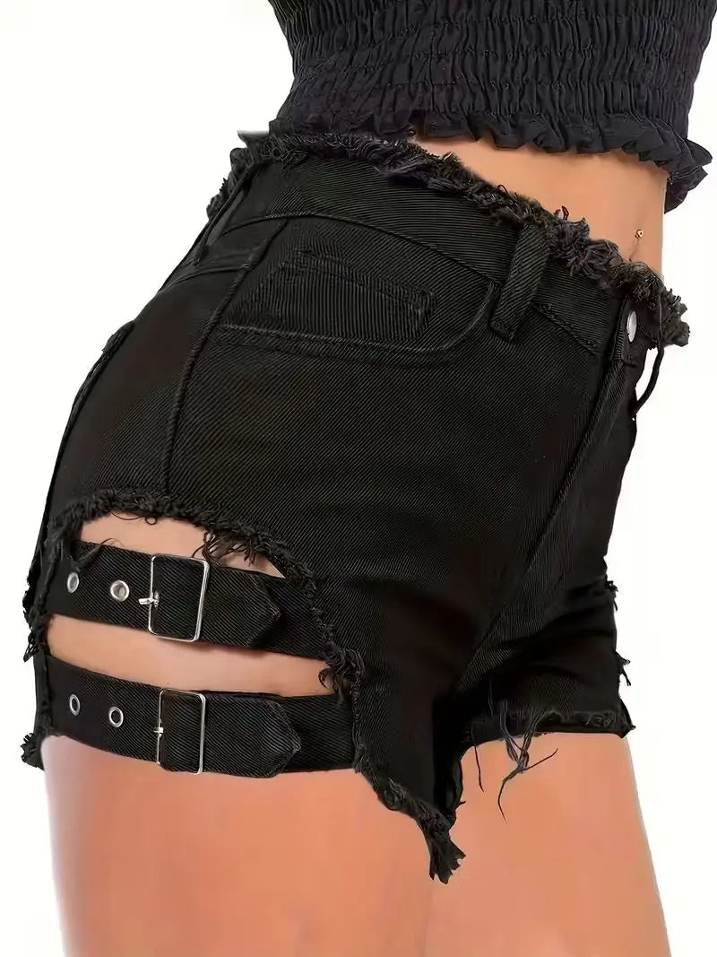 Women's Black Denim Shorts Low Waisted Frayed Hem